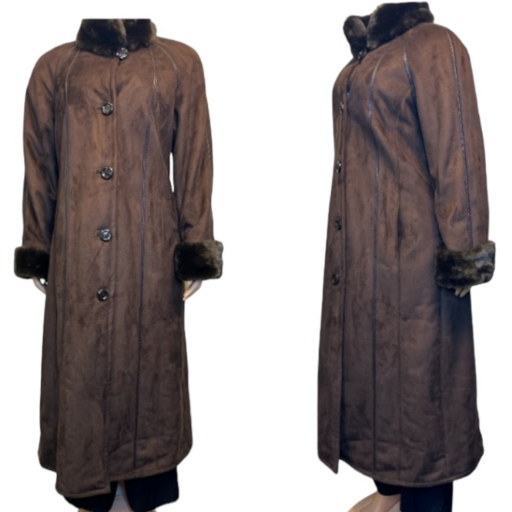 Gallery Brown Long Faux Fur Trim Coat